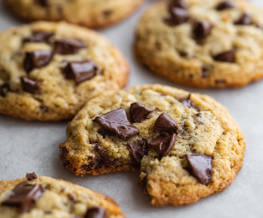 Homemade sourdough discard chocolate chip cookies on a baking sheet with melted chocolate chips and a golden-brown crust.
