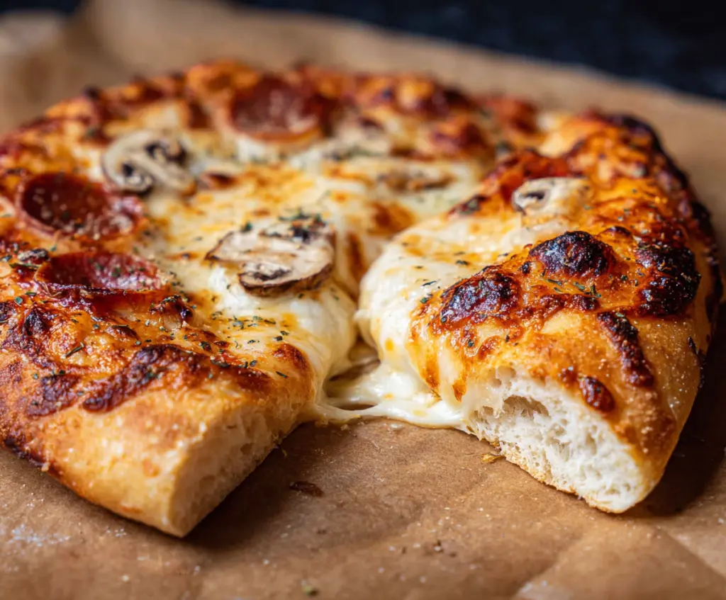 Homemade sourdough discard pizza dough on a wooden surface ready for baking.