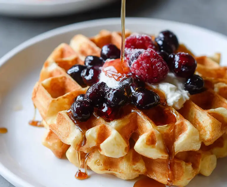Golden brown sourdough discard waffles served with fresh berries and maple syrup.