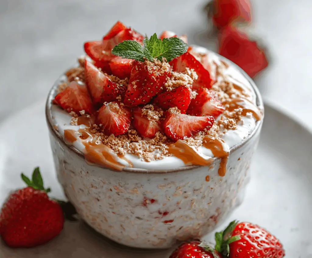 Creamy Strawberry Cheesecake Overnight Oats in a jar with fresh strawberries and graham cracker crumbs
