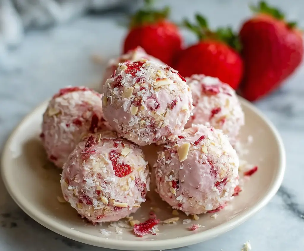 Delicious strawberry cheesecake protein balls ready to eat, rich in flavor and perfect for a healthy snack