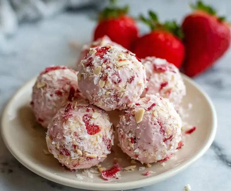 Delicious strawberry cheesecake protein balls ready to eat, rich in flavor and perfect for a healthy snack