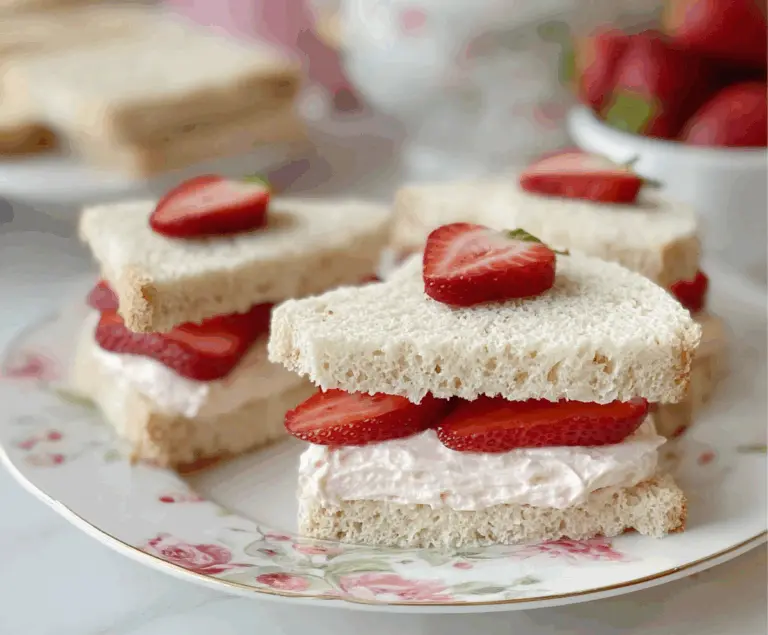 Delicious strawberry cream cheese tea sandwiches on a serving platter for a fancy afternoon tea.