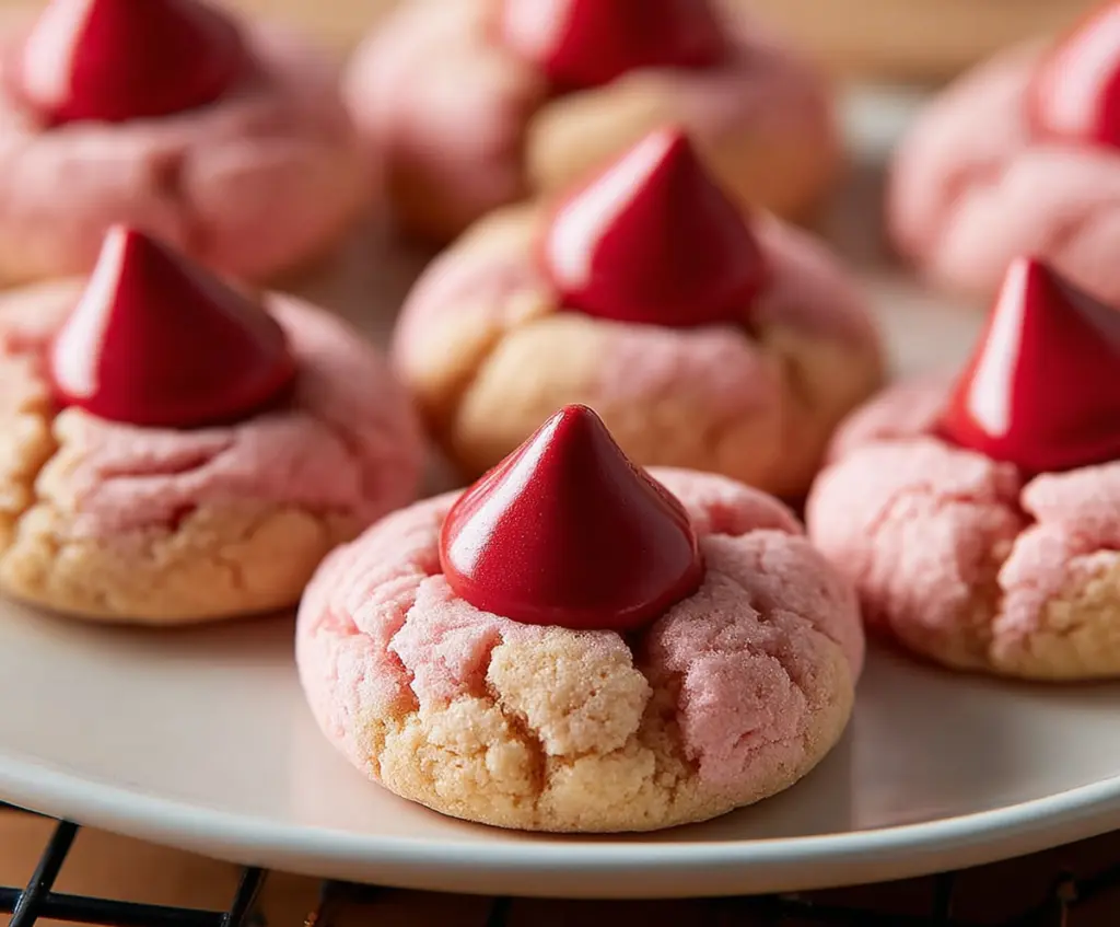 Delicious strawberry kiss cookies topped with smooth pink frosting and sprinkles on a white plate.