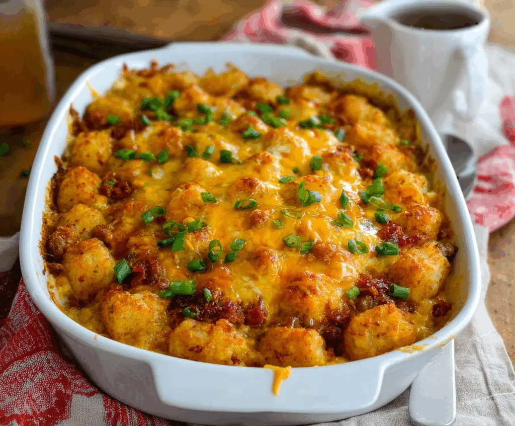Delicious Tater Tot Sausage Breakfast Casserole with melted cheese and crispy tater tots on top.