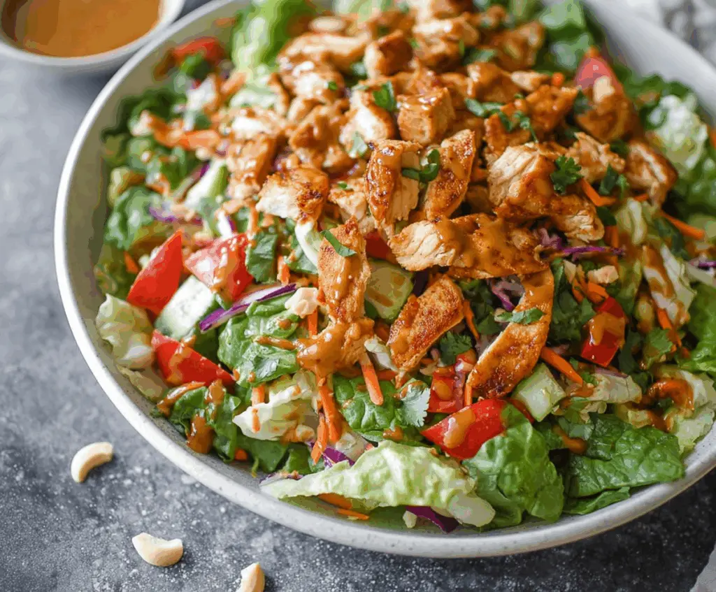 Fresh Thai Chicken Salad with colorful vegetables and creamy peanut dressing on a platter.