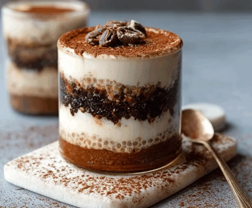 Creamy Tiramisu Overnight Oats topped with cocoa powder and chocolate shavings for a delicious breakfast treat.