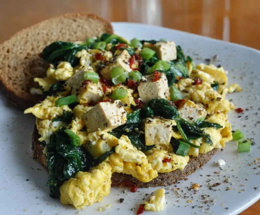 Delicious tofu and spinach breakfast scramble with feta cheese served on a plate.