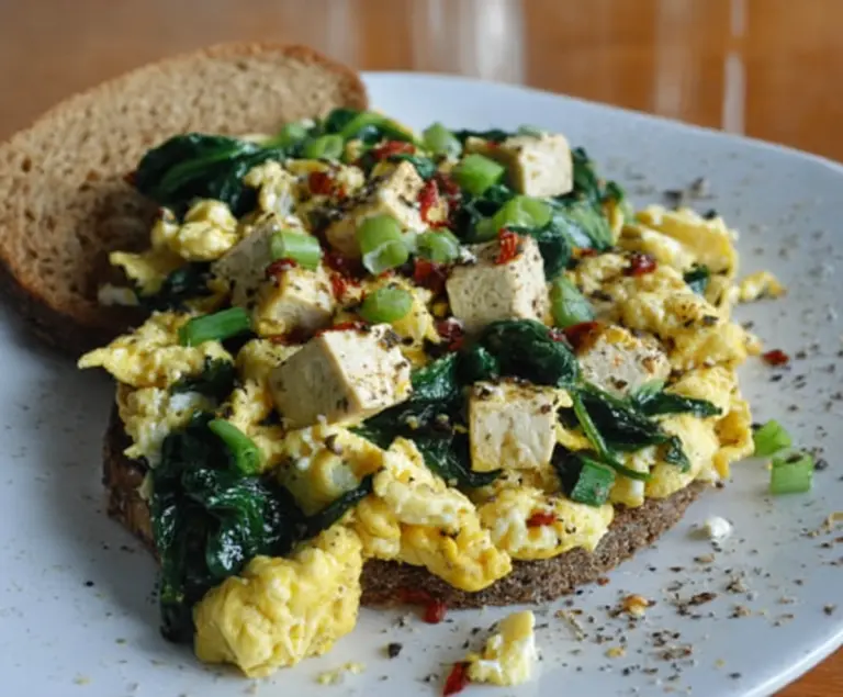 Delicious tofu and spinach breakfast scramble with feta cheese served on a plate.