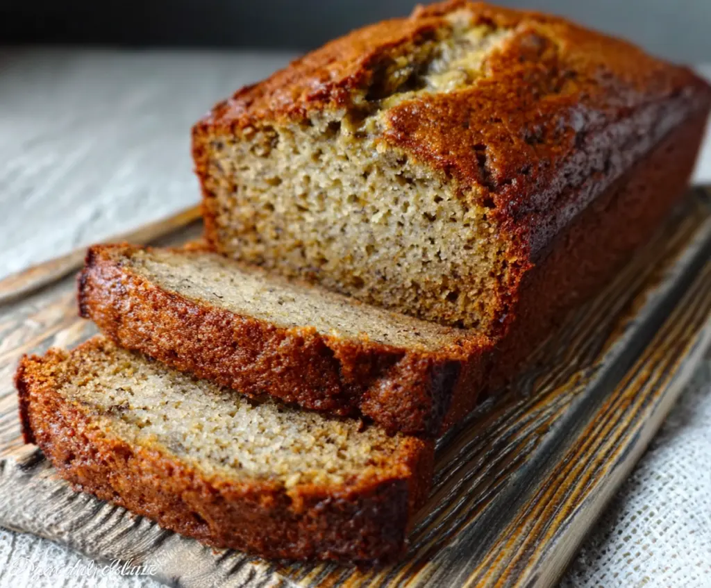 Delicious ultra-moist classic banana bread sliced on a cutting board, perfect for breakfast or dessert.