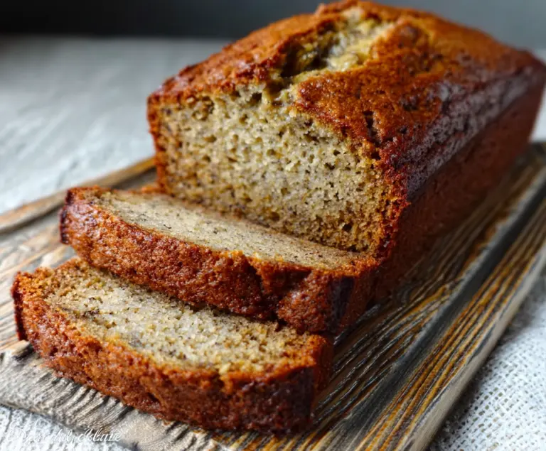 Delicious ultra-moist classic banana bread sliced on a cutting board, perfect for breakfast or dessert.
