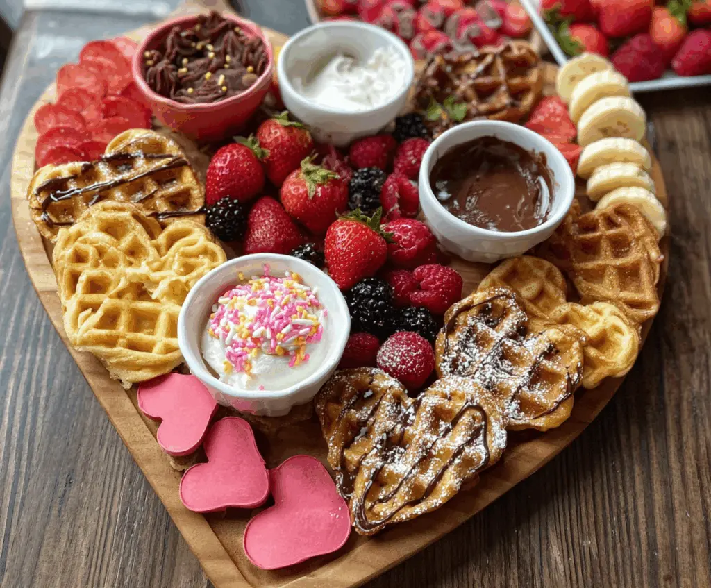 Delicious Valentine’s Day waffle board with heart-shaped waffles and fresh fruit for a romantic breakfast