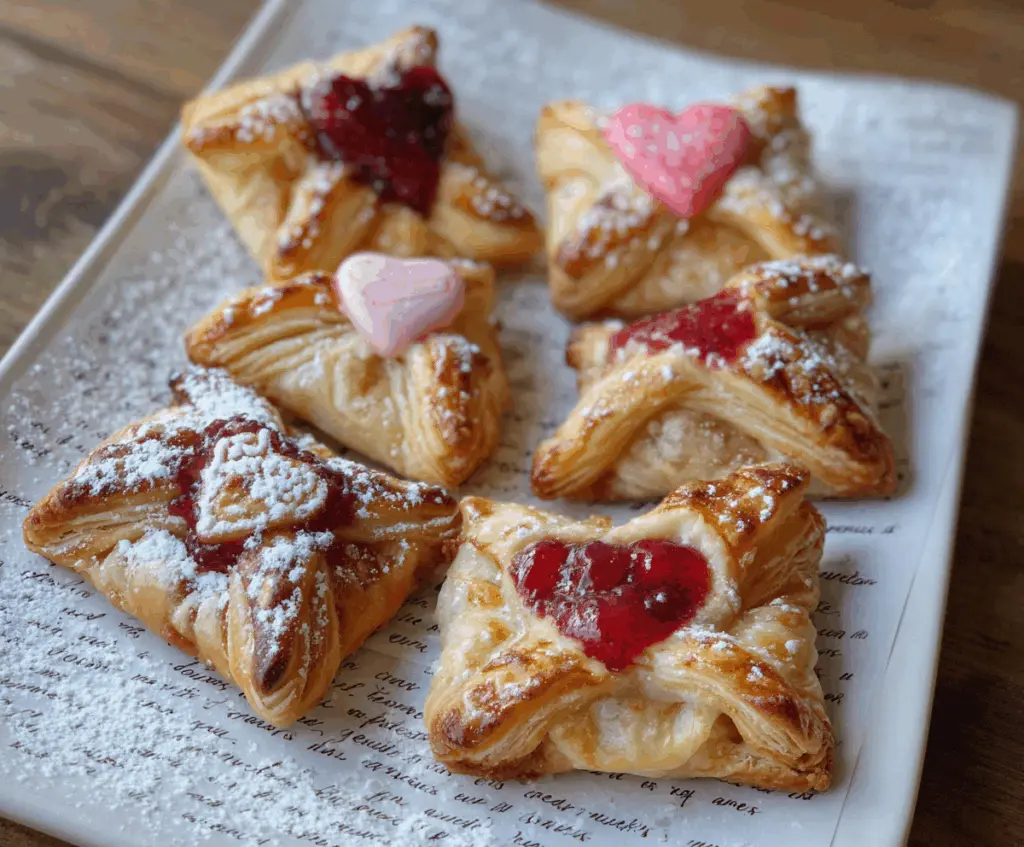 Valentine's Love Letter Pastries with heart-shaped details and rich frosting on a white background.