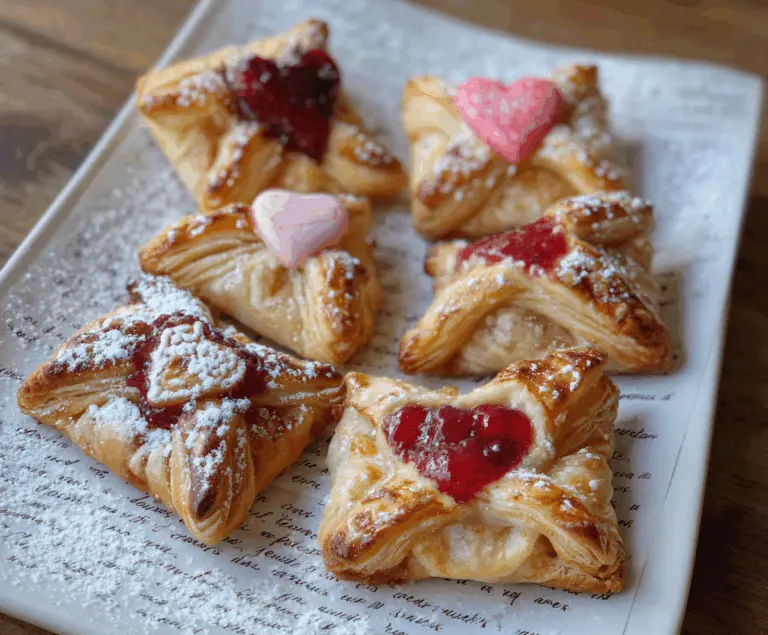Valentine's Love Letter Pastries with heart-shaped details and rich frosting on a white background.