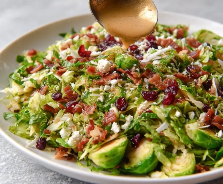 Delicious Warm Brussels Sprouts Bacon Salad with crispy bacon and fresh greens