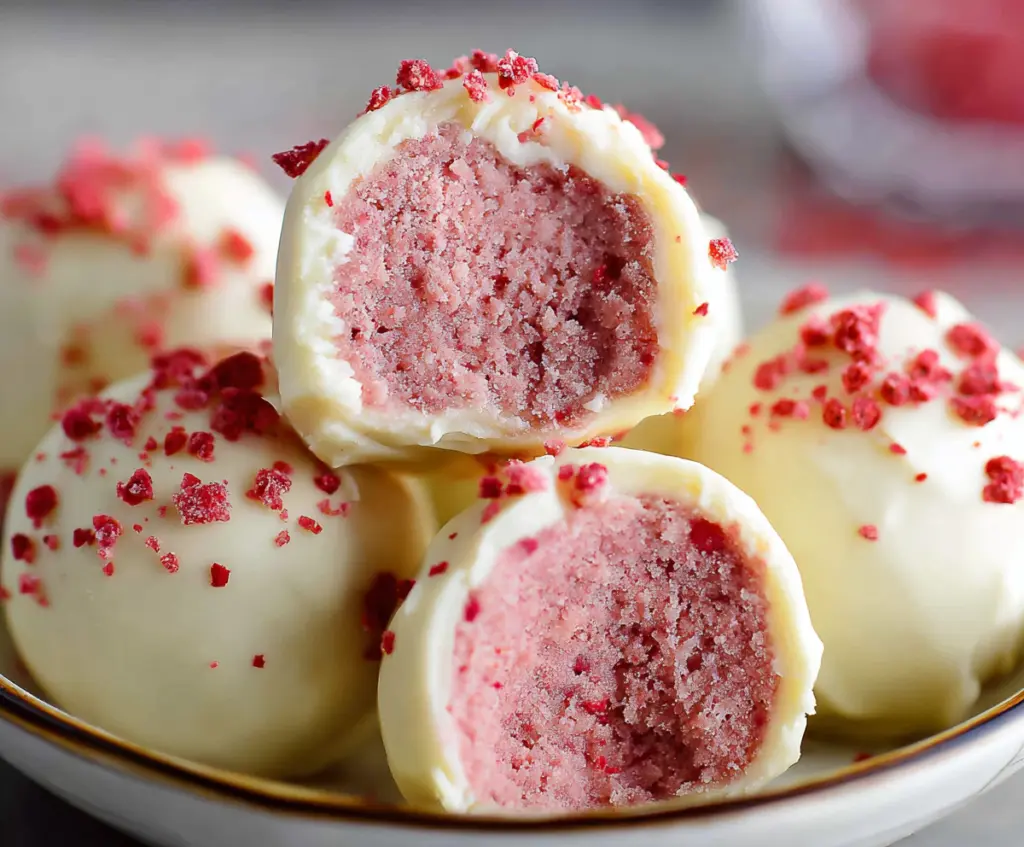 Delicious white chocolate raspberry truffles coated in smooth white chocolate with fresh raspberry decorations.