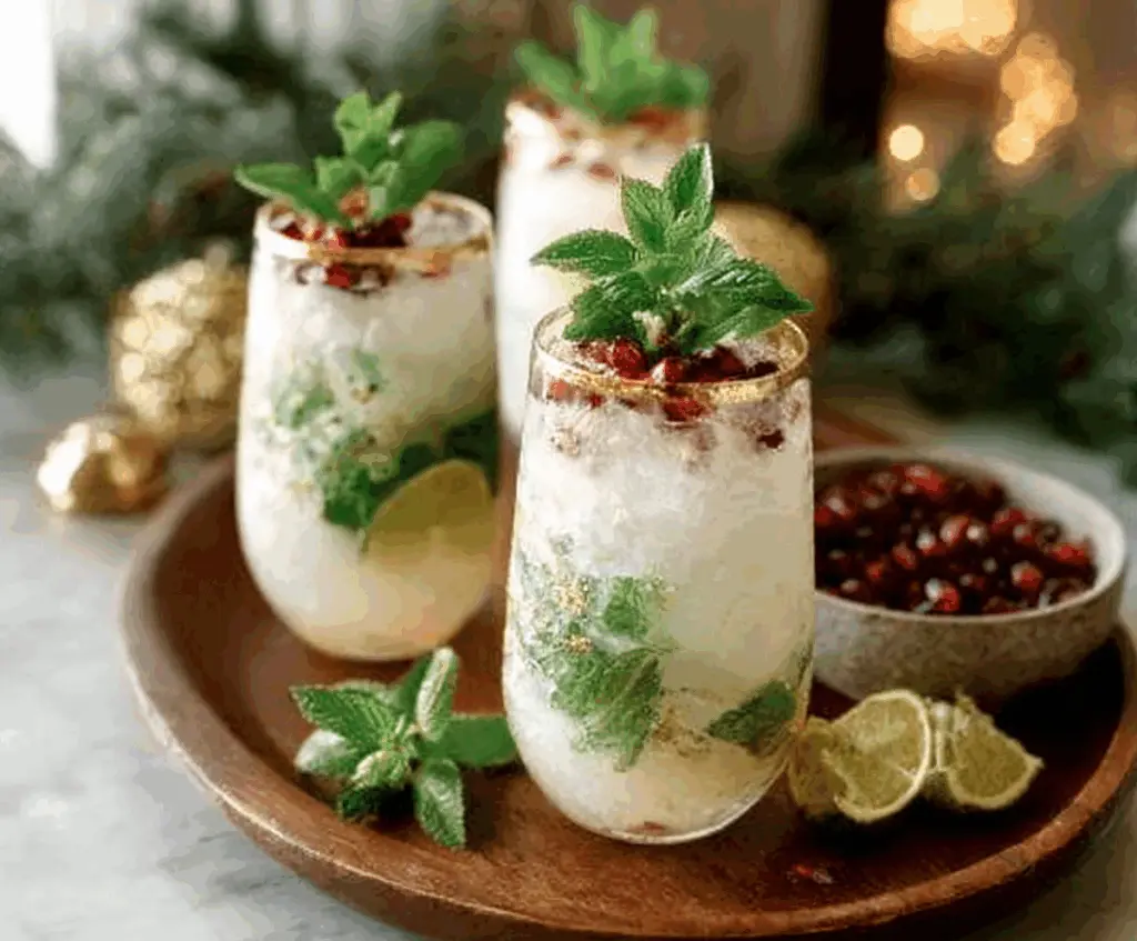 Refreshing White Christmas Mojitos with mint leaves and white rum in a festive glass.