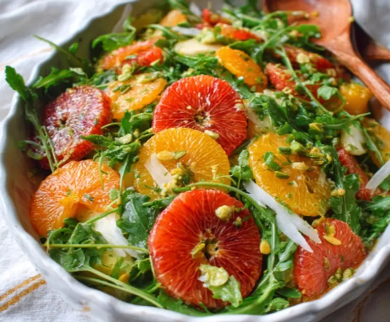 Fresh winter citrus slices with vibrant arugula leaves in a seasonal salad.