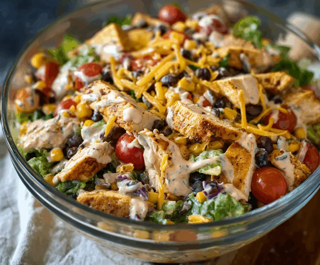 Colorful Southwest Chicken Salad with fresh vegetables and zesty dressing in a bowl.