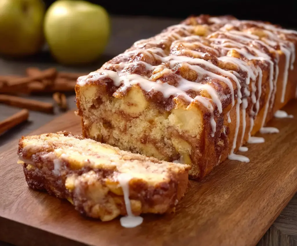 Delicious homemade Apple Fritter Bread topped with fresh apple slices and cinnamon sugar.