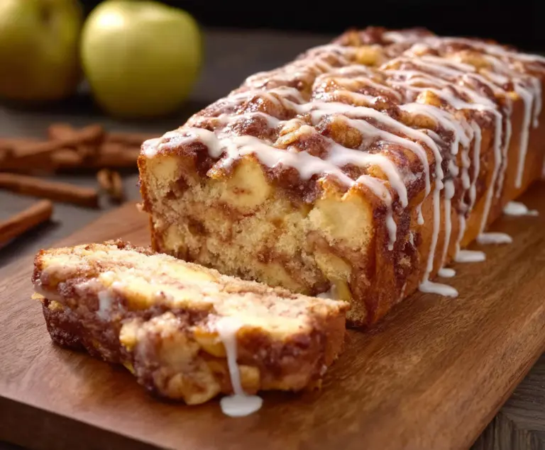 Delicious homemade Apple Fritter Bread topped with fresh apple slices and cinnamon sugar.