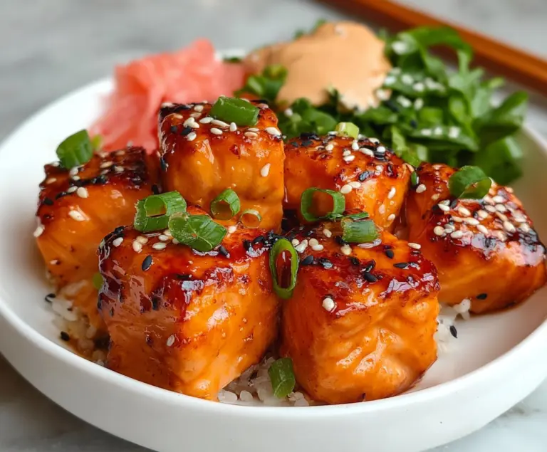 Delicious Bang Bang Salmon Bites served in colorful bowls, garnished with fresh herbs and crispy vegetables.