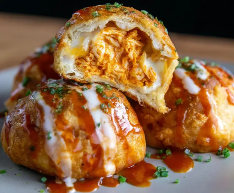 Delicious buffalo chicken bombs with crispy breading and spicy filling on a white plate.