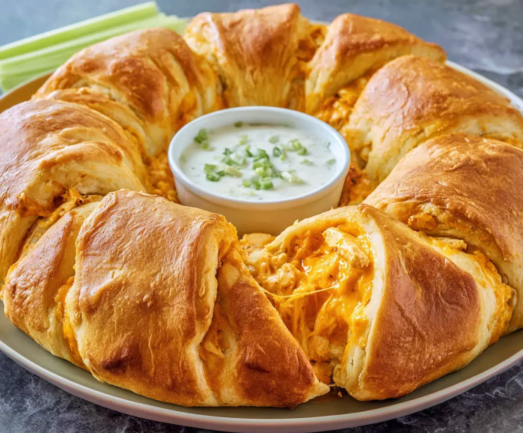 Delicious Buffalo Chicken Crescent Roll Ring garnished with fresh herbs, perfect as an appetizer or snack.