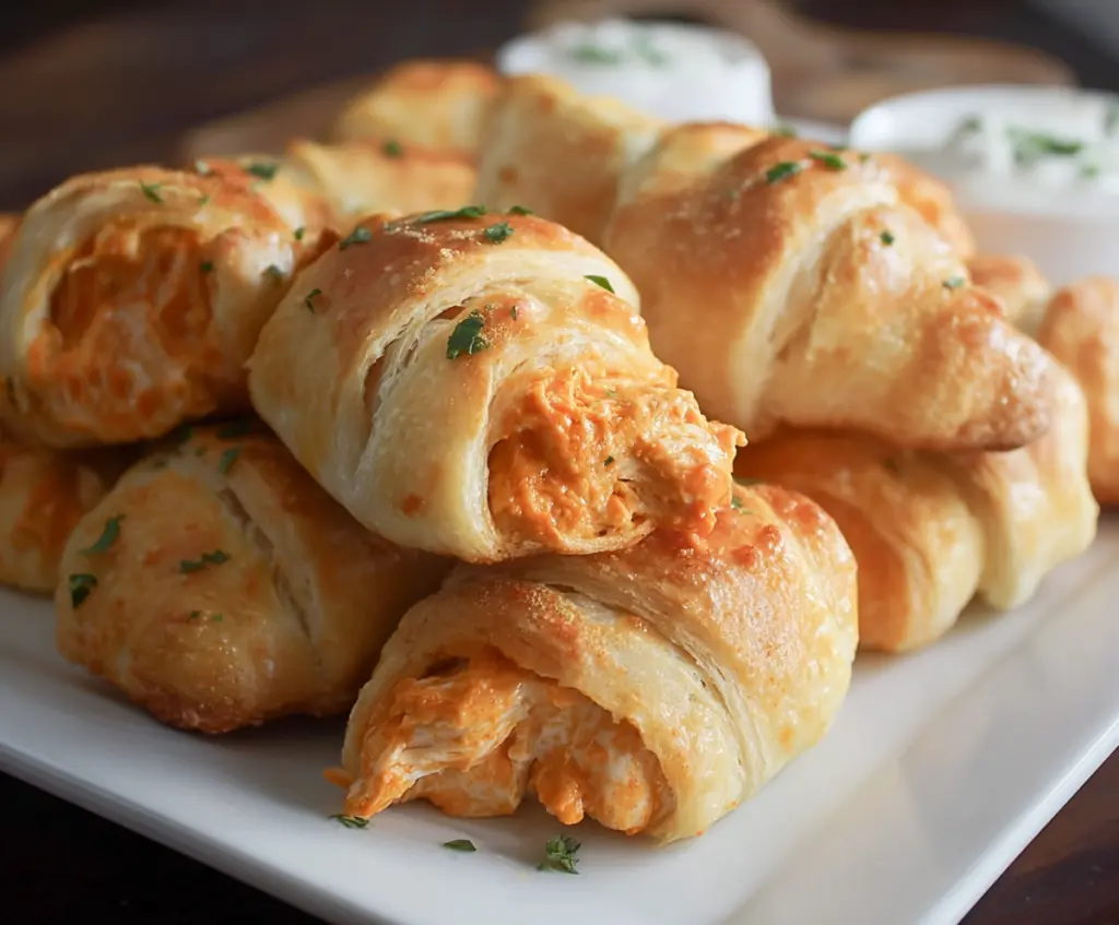 Golden Buffalo Chicken Crescent Rolls featuring spicy chicken and flaky pastry, perfect for appetizer or snacks.