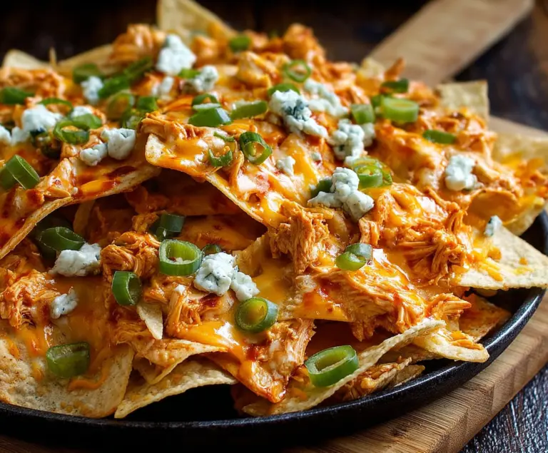 Buffalo chicken dip loaded nachos with melted cheese and crispy chips, perfect for game day.