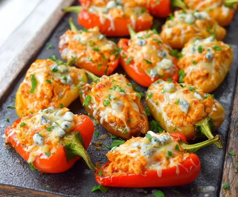 Delicious buffalo chicken dip served inside colorful mini peppers, perfect for party appetizers.