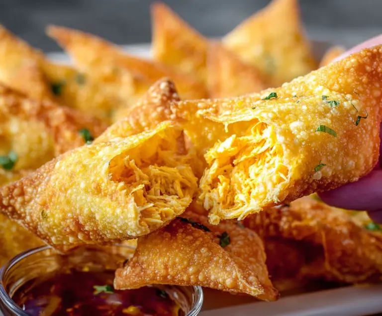 Crispy Buffalo Chicken Rangoons with creamy filling on a plate