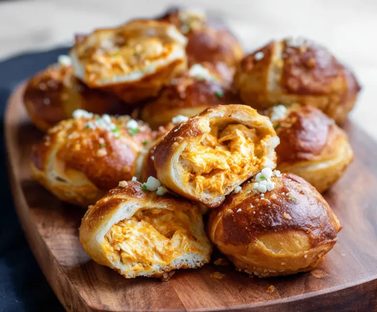 Buffalo chicken stuffed pretzel bites served as a delicious appetizer with a spicy buffalo sauce.