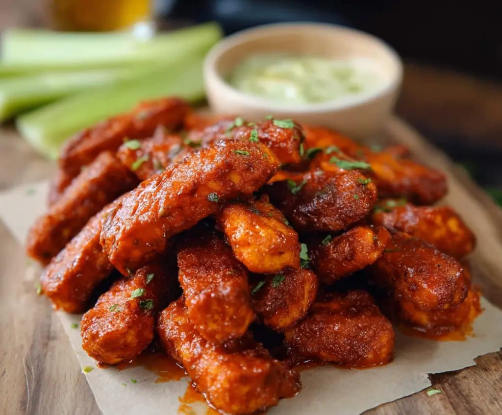 Crispy Buffalo Tofu Wings served with celery sticks and blue cheese dip, vegan appetizer option.