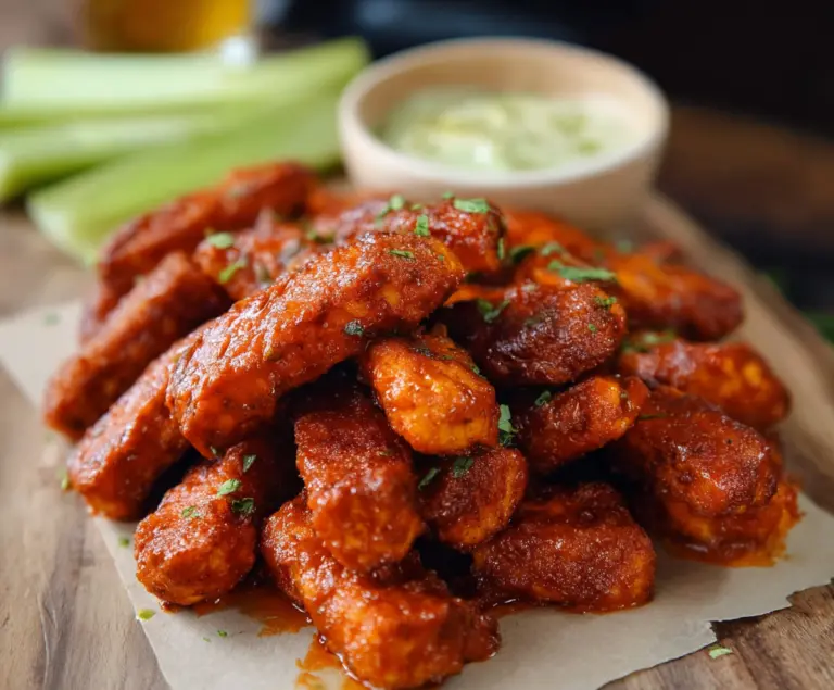 Crispy Buffalo Tofu Wings served with celery sticks and blue cheese dip, vegan appetizer option.