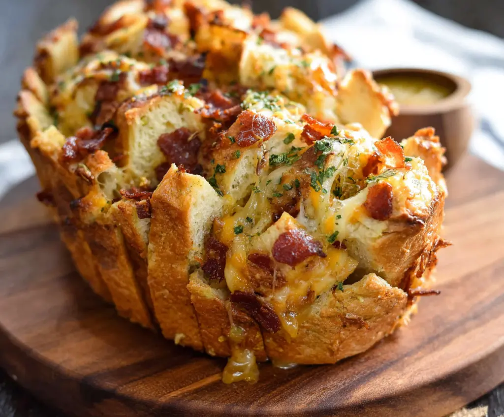 Delicious cheesy bacon ranch pull-apart bread served on a plate with melted cheese and crispy bacon bits.