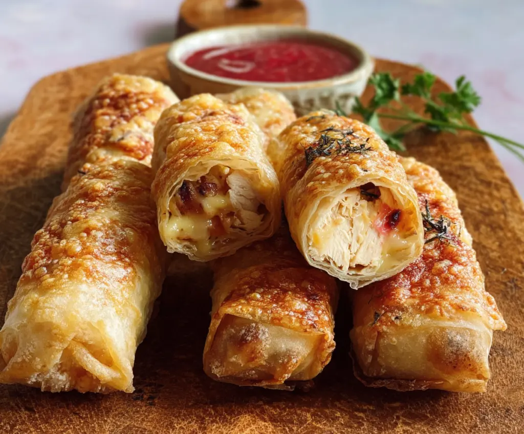 Delicious cheesy chicken spring roll with melted cheese and crispy outer shell.