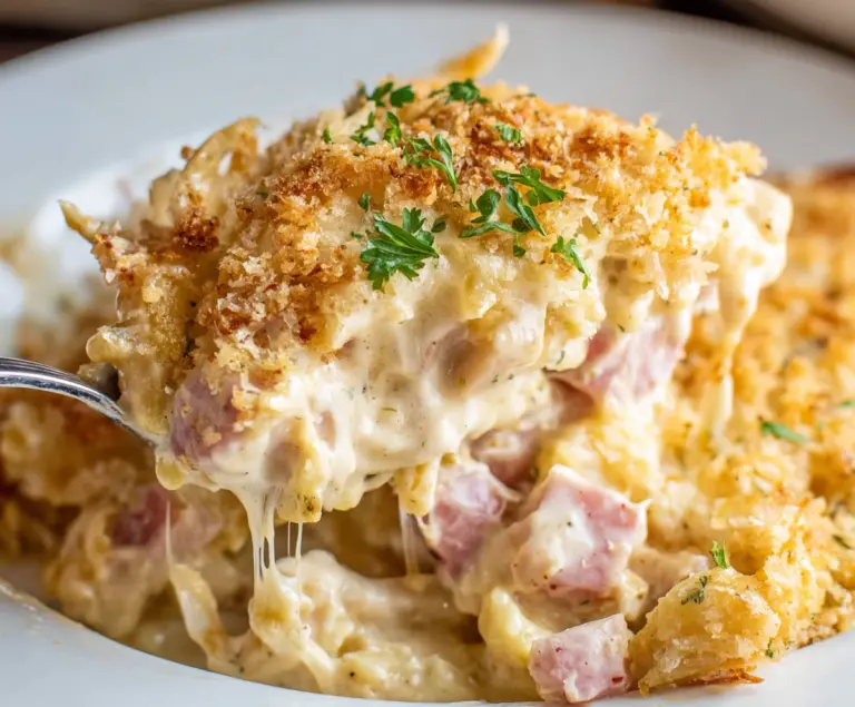Delicious Chicken Cordon Bleu Casserole topped with golden melted cheese and crispy breadcrumbs.