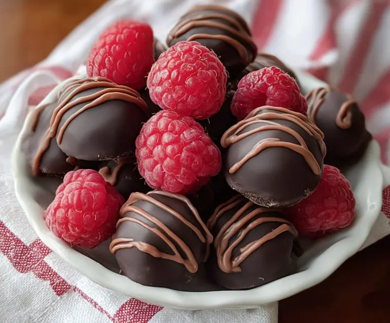 Delicious chocolate-covered raspberries with a glossy finish, perfect for a sweet treat.