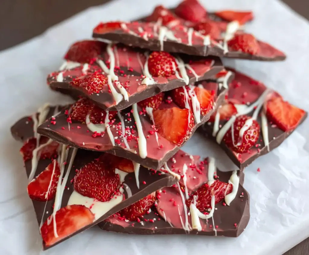 Delicious chocolate covered strawberry bark with fresh strawberries and rich chocolate coating