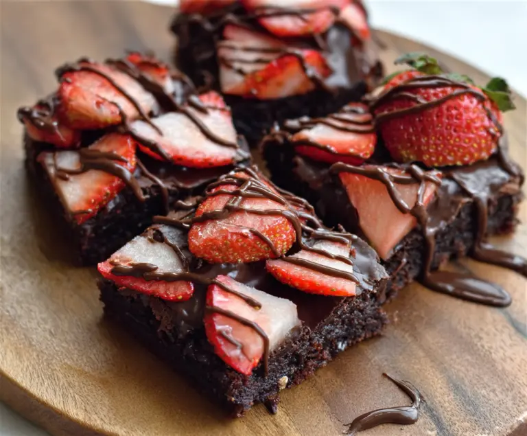 Delicious chocolate-covered strawberry brownies topped with fresh strawberries and glossy chocolate glaze