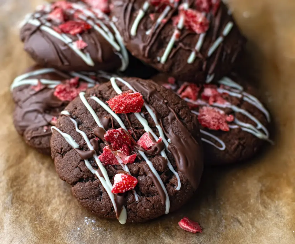 Chocolate Covered Strawberry Cookies on a white plate with fresh strawberries and melted chocolate.