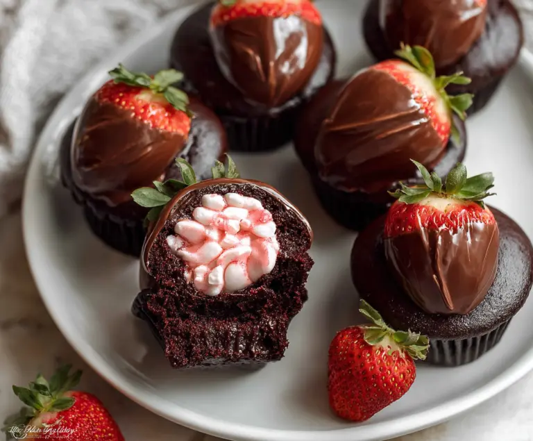 Delicious chocolate-covered strawberry cupcakes with shiny glaze and fresh strawberries on top.