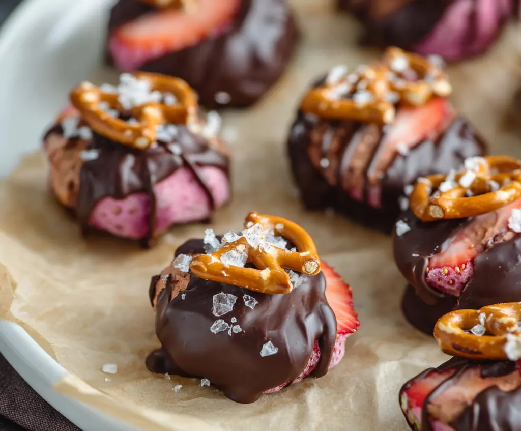 Delicious chocolate-dipped strawberry pretzel bites on a white plate, perfect for a sweet snack or party treat.