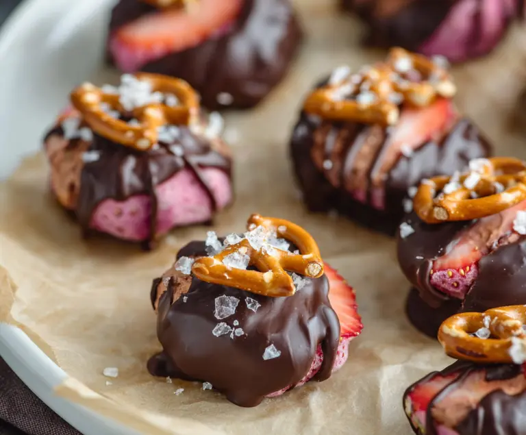 Delicious chocolate-dipped strawberry pretzel bites on a white plate, perfect for a sweet snack or party treat.