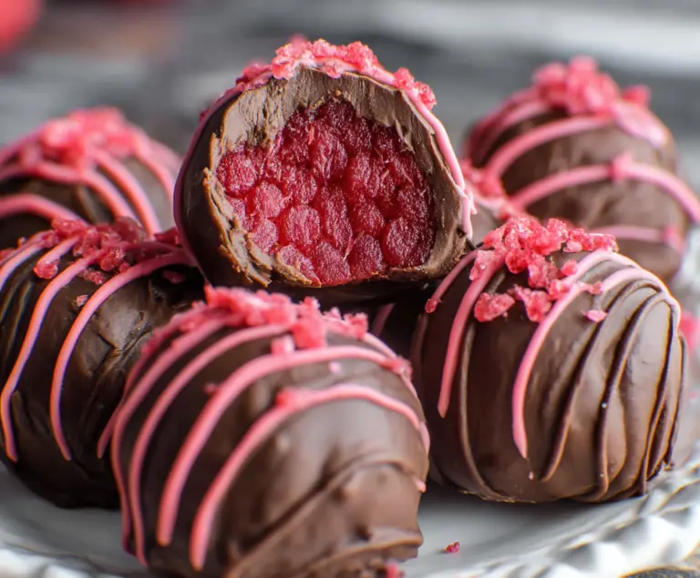 Delicious chocolate raspberry truffles with rich cocoa coating and fresh raspberry center
