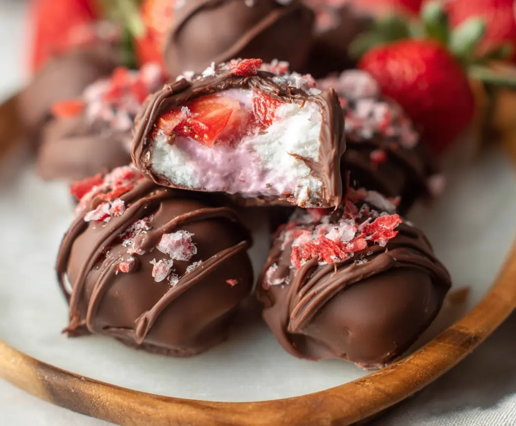 Delicious Chocolate Strawberry Yogurt Bites served on a plate, perfect for a healthy snack or dessert