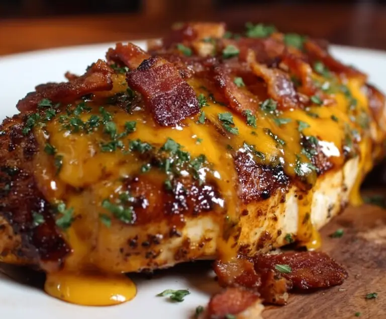 Juicy Cowboy BBQ Bacon Cheddar Chicken served with melted cheese, crispy bacon, and smoky barbecue sauce.