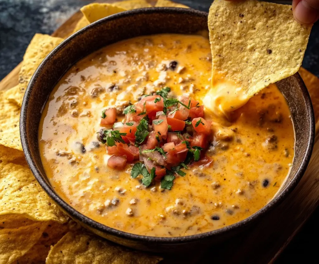 Creamy cowboy queso dip with melted cheese, beef, and spices, served with tortilla chips.