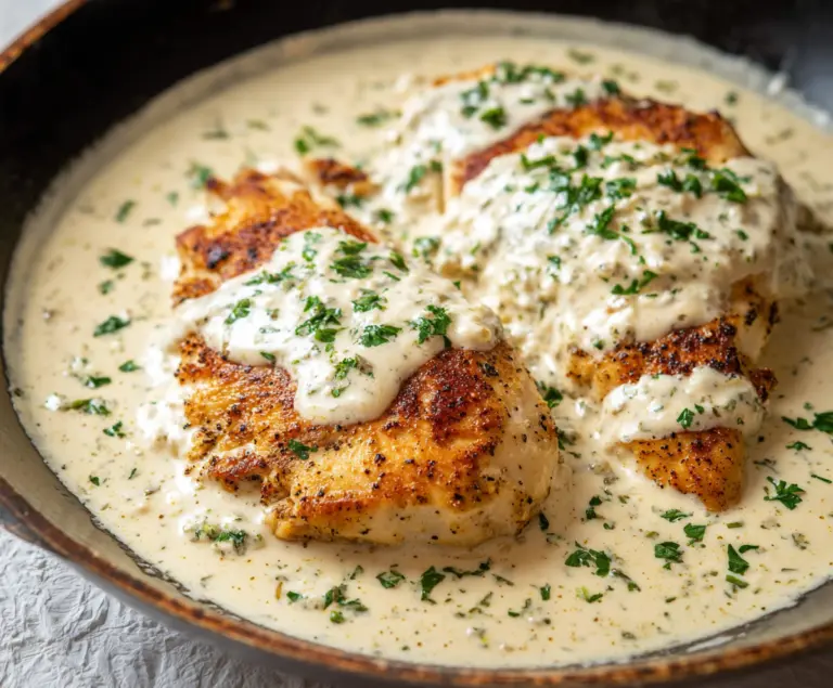 Cream Cheese Chicken served with fresh herbs on a white plate